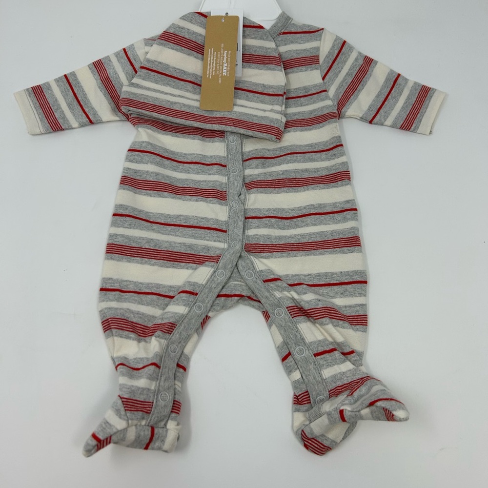 NWT Ever & ever Preemie Baby Red Striped Footie Button Pajama with Hat